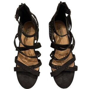 Steve Madden Gladiator Sandals Womens 5 Black Laser Cut Strappy Block‎ Heel
